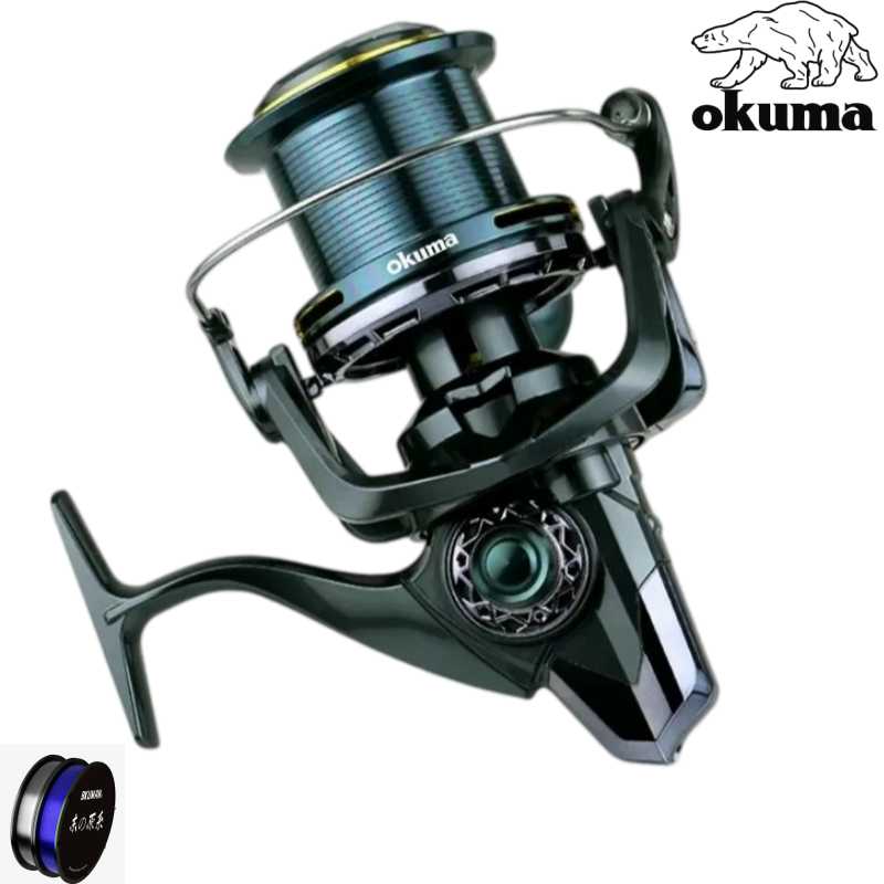 Developing Tank Reel - OKUMA製、全金属製スピニングリール。海水釣り用。9000～14000のモデルから選択可能。最大ドラッグ力50kg。500mの釣り糸を収納可能。ベアリングは13個＋1個。